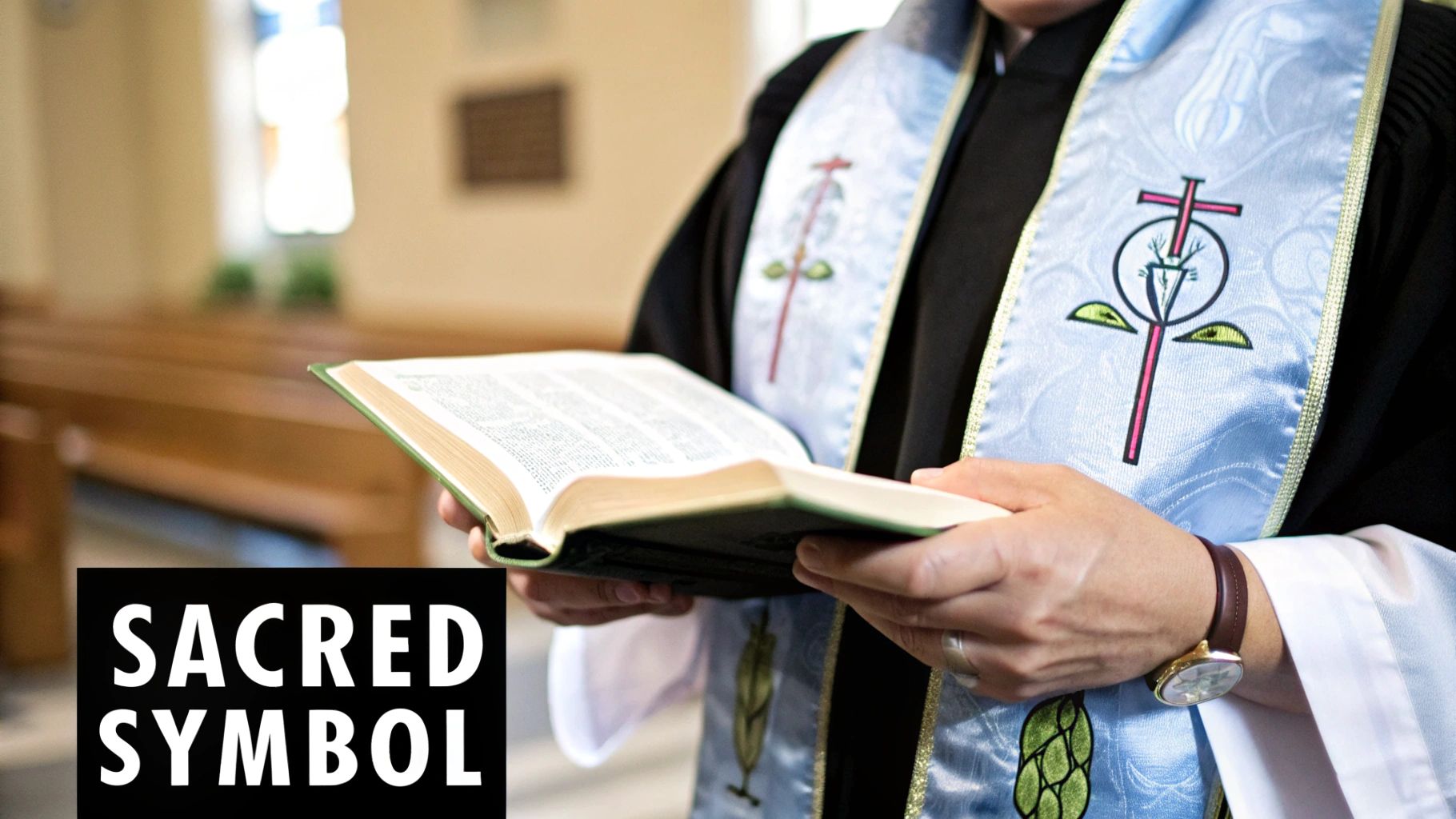 A person in clerical attire, wearing a blue stole with a symbolic embroidery, holds an open Bible in a church.