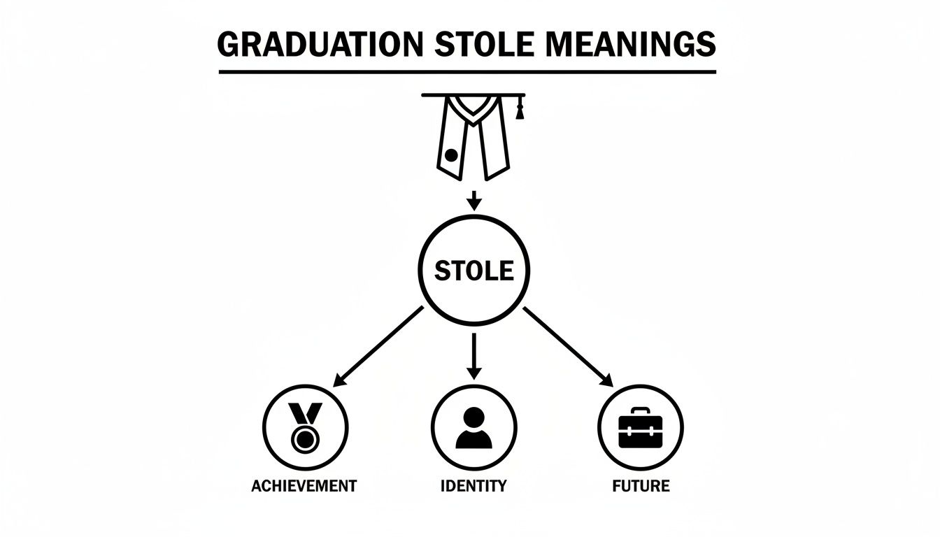 Diagram illustrating the meanings of a graduation stole: achievement, identity, and future.