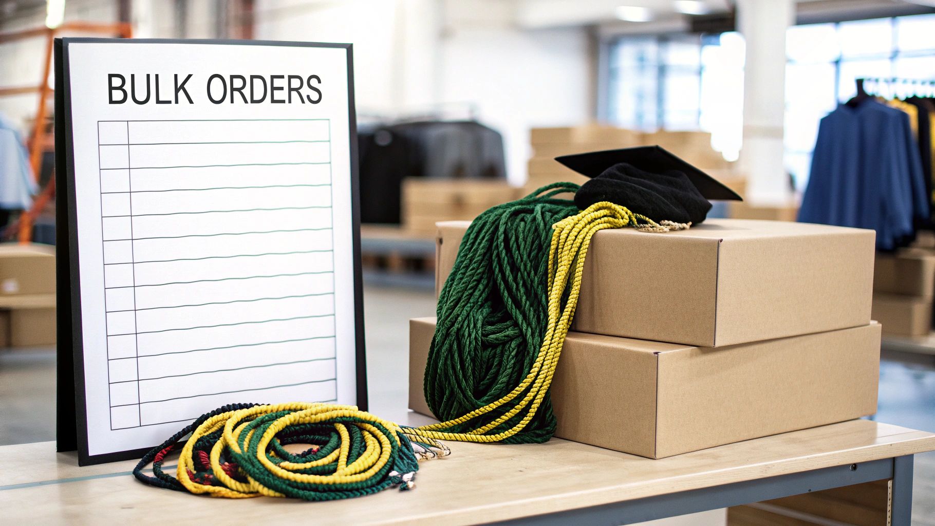 Graduation caps and honor cords on cardboard boxes next to a 'BULK ORDERS' sign.