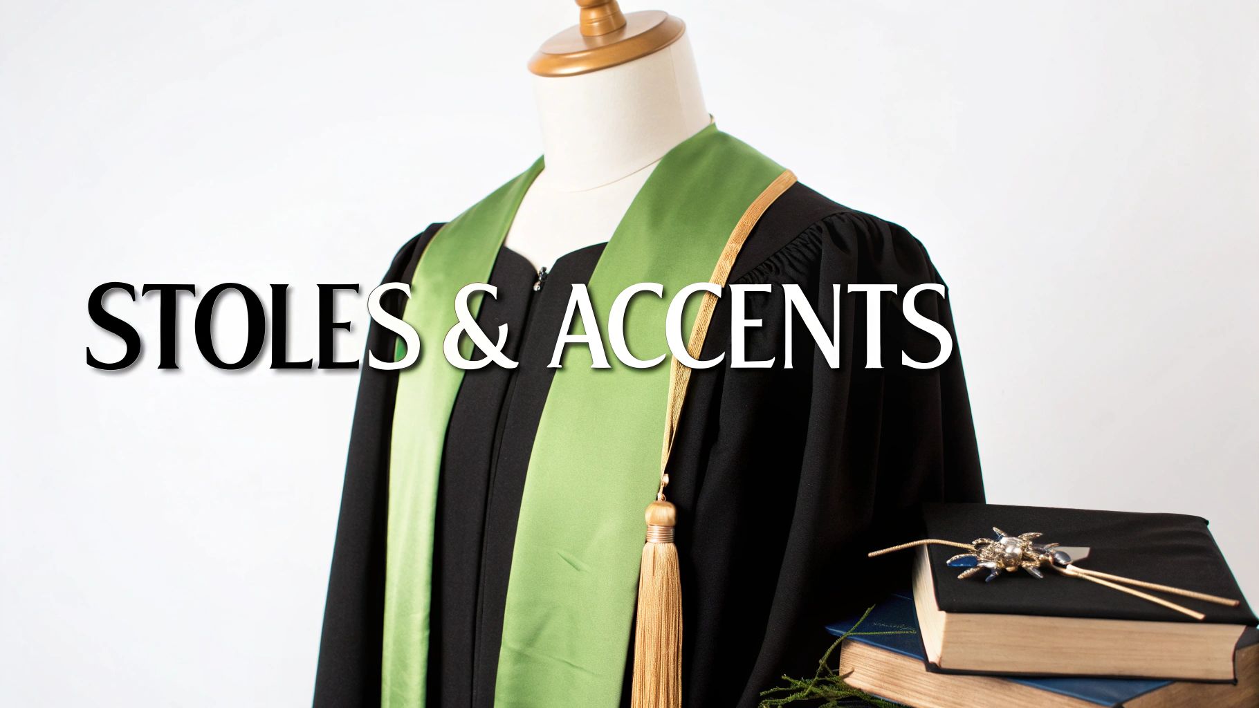 A black academic robe with a green and gold stole, tassel, graduation cap, and books.