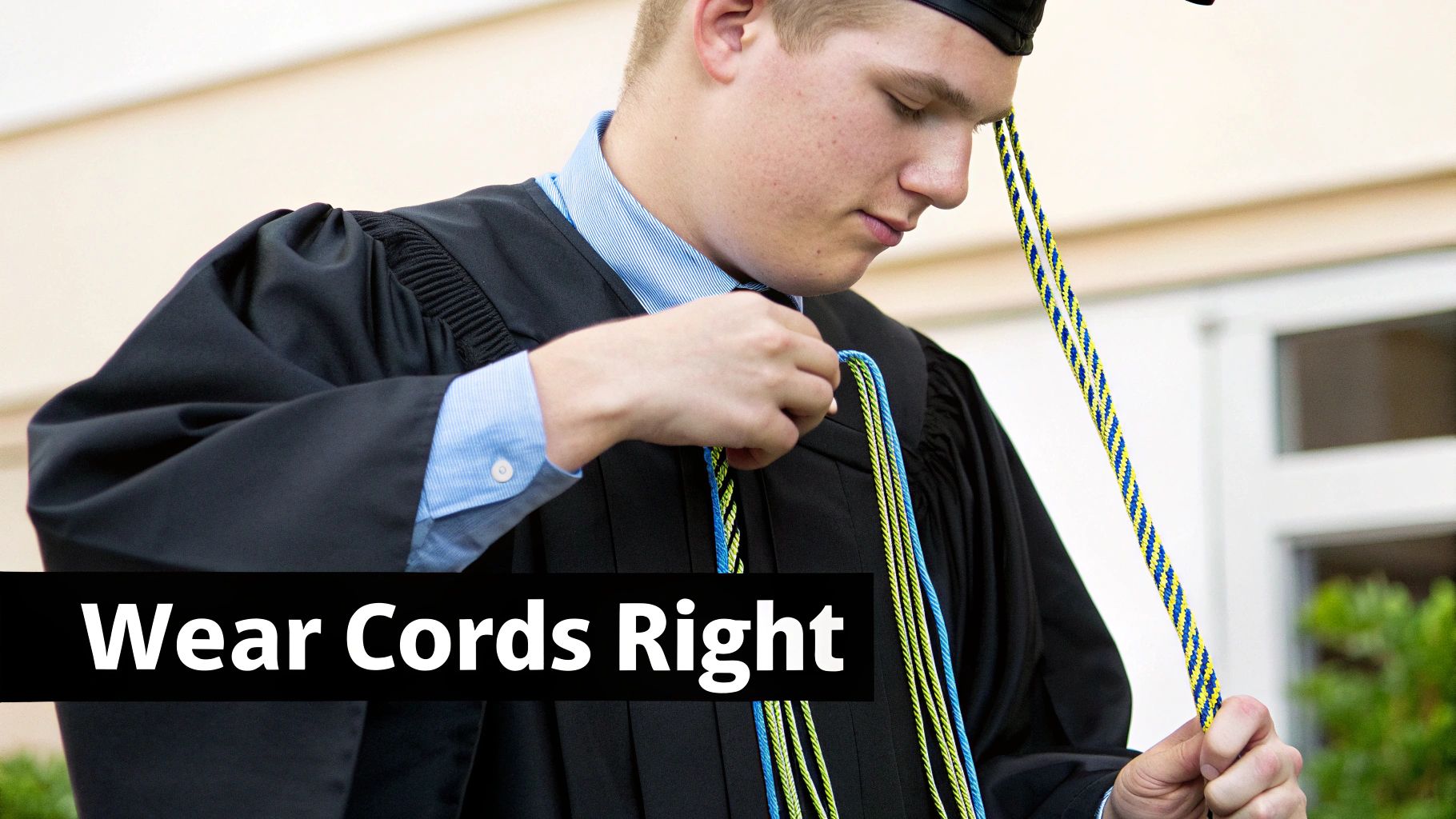 A male graduate in a black gown carefully adjusts his blue and yellow honor cords.