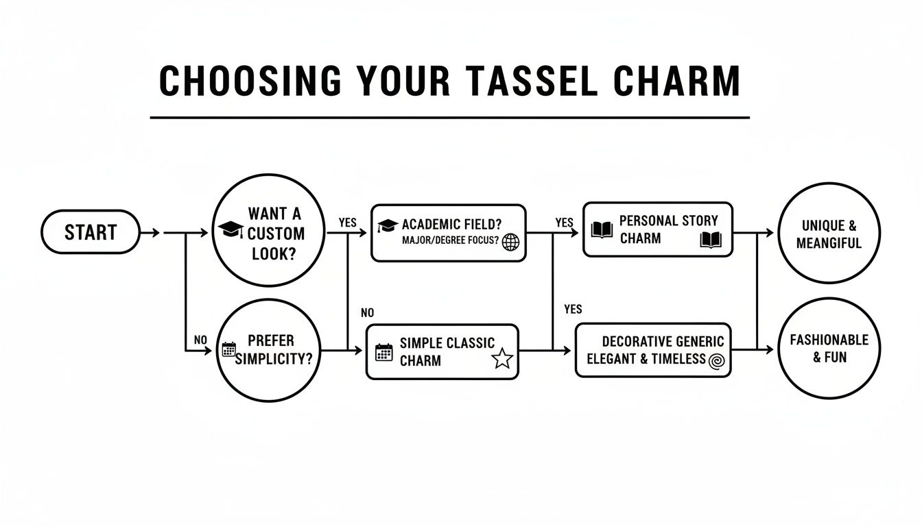 A flowchart guiding decisions for choosing a graduation tassel charm based on personal preferences.