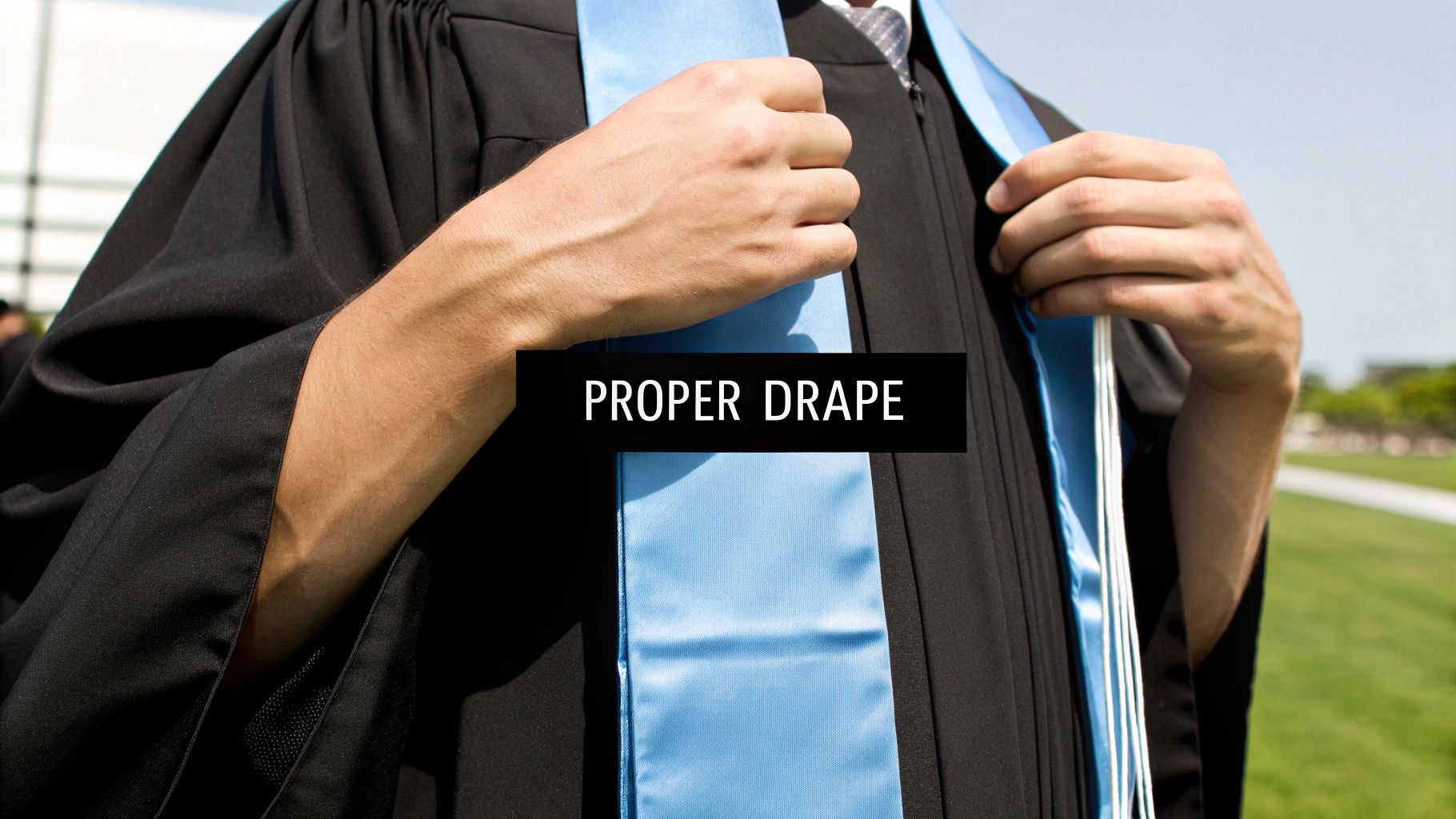 A close-up of a person in a black graduation gown adjusting a light blue stole for a proper drape.