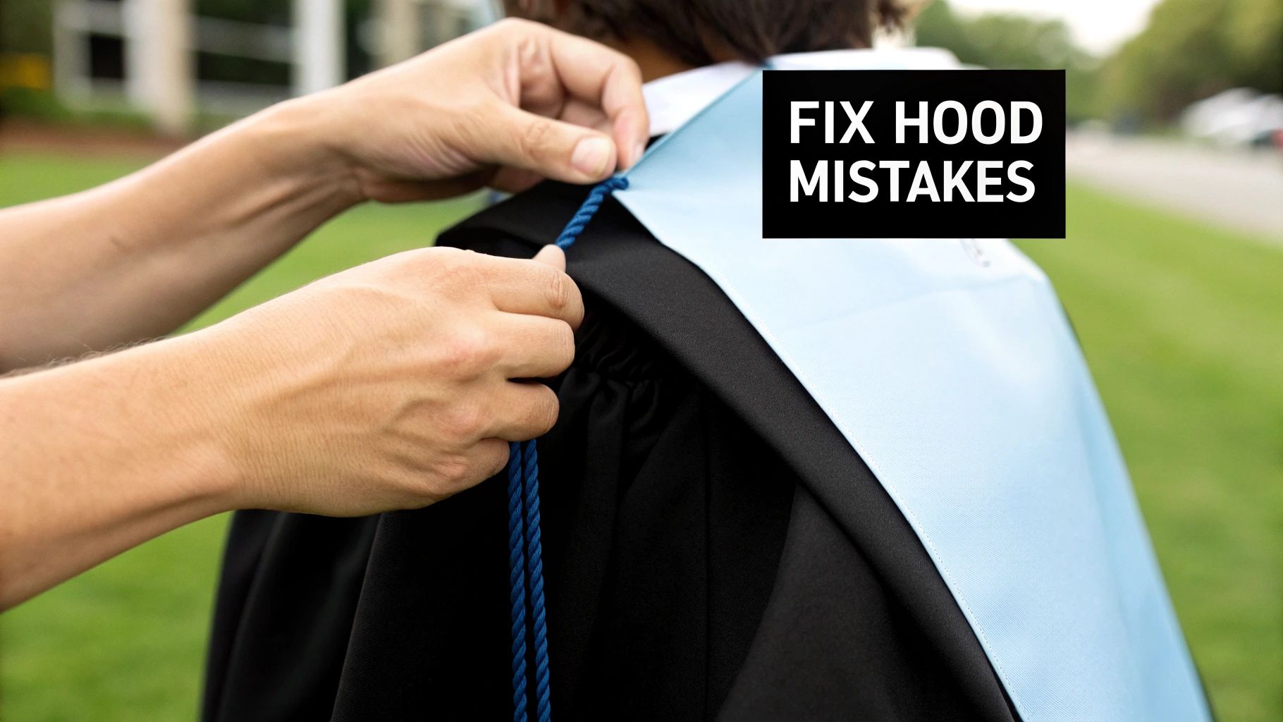 Close-up of hands adjusting a blue cord on an academic graduation hood and gown.