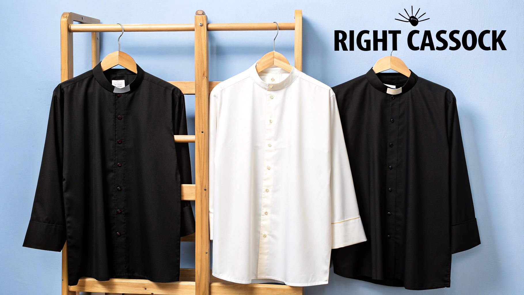 Three clergy shirts, two black and one white, with band collars, hanging on a wooden rack.