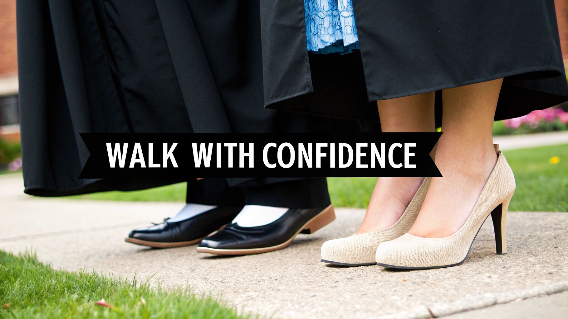 A graduate's shoes are visible under a black graduation gown.