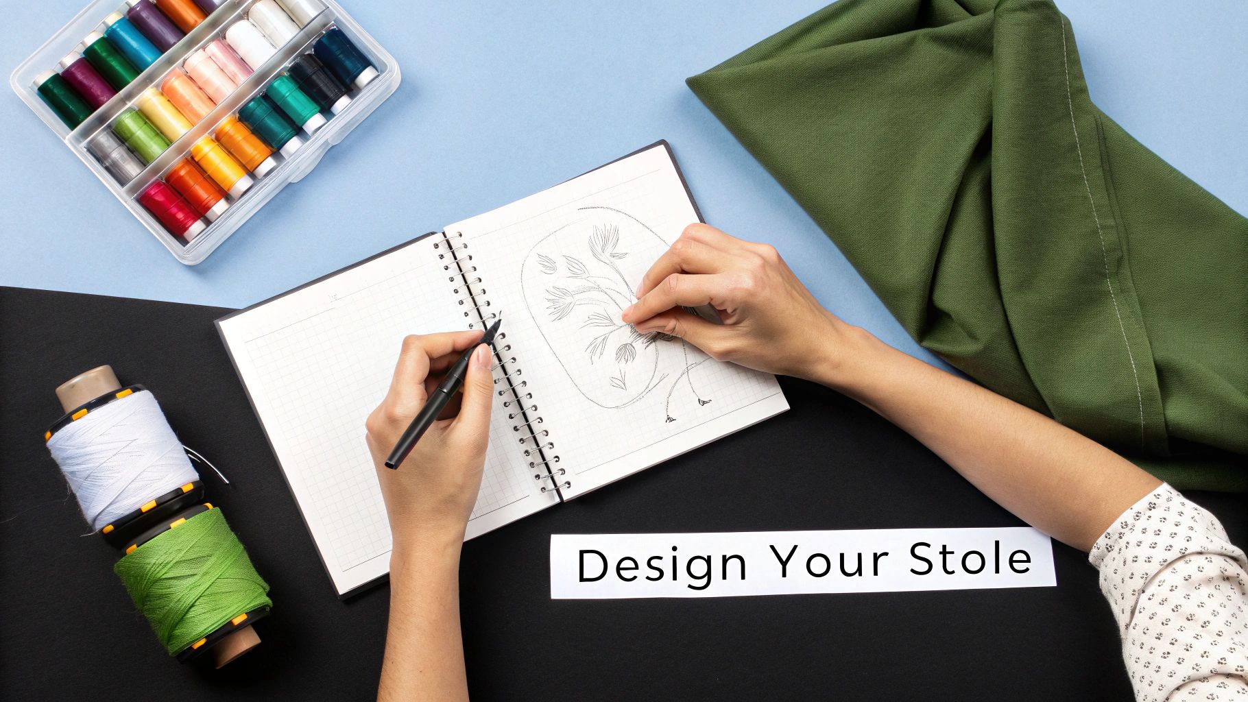 Flat lay of hands drawing a stole design, surrounded by colorful sewing threads and green fabric.