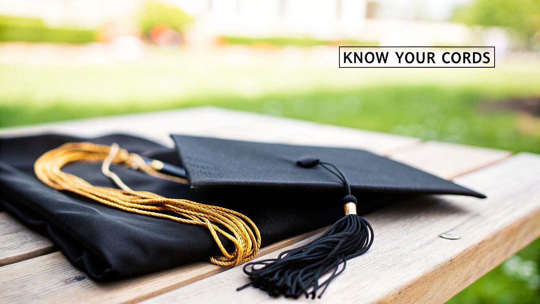 A black graduation cap, gown, and gold honor cord lie on a wooden bench outdoors.