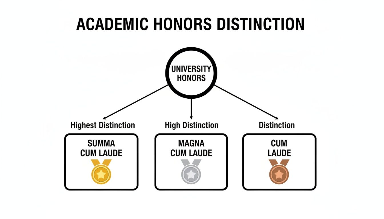 A chart illustrating university academic honors: Summa Cum Laude, Magna Cum Laude, and Cum Laude distinctions.