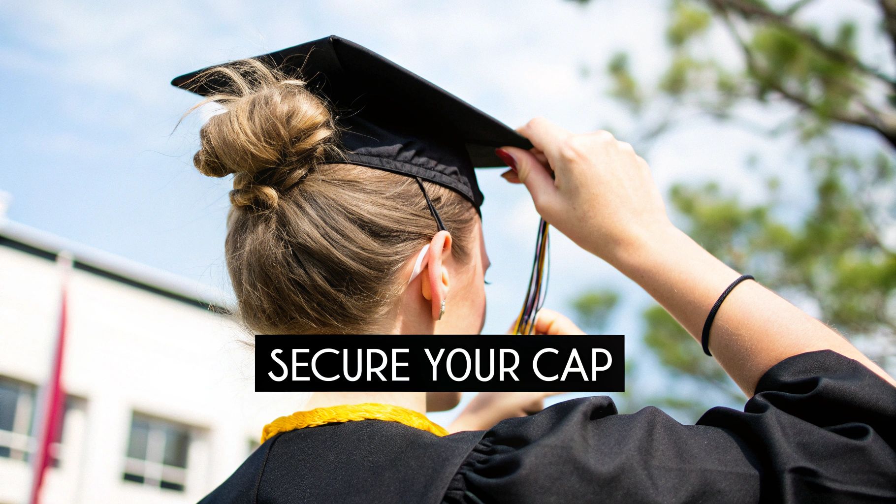 View from behind of a person in a graduation gown adjusting their black cap and colorful tassel.