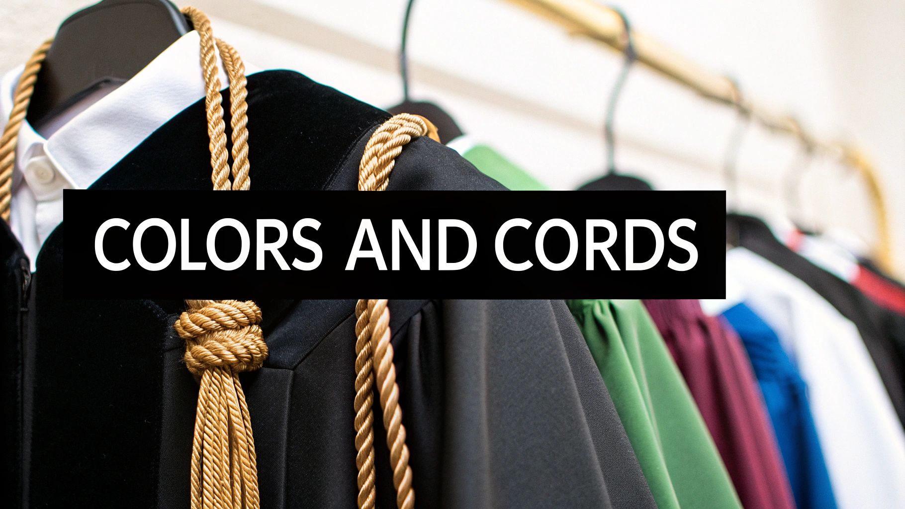 A row of academic regalia gowns in various colors, including black with gold cords, hanging on a rack.