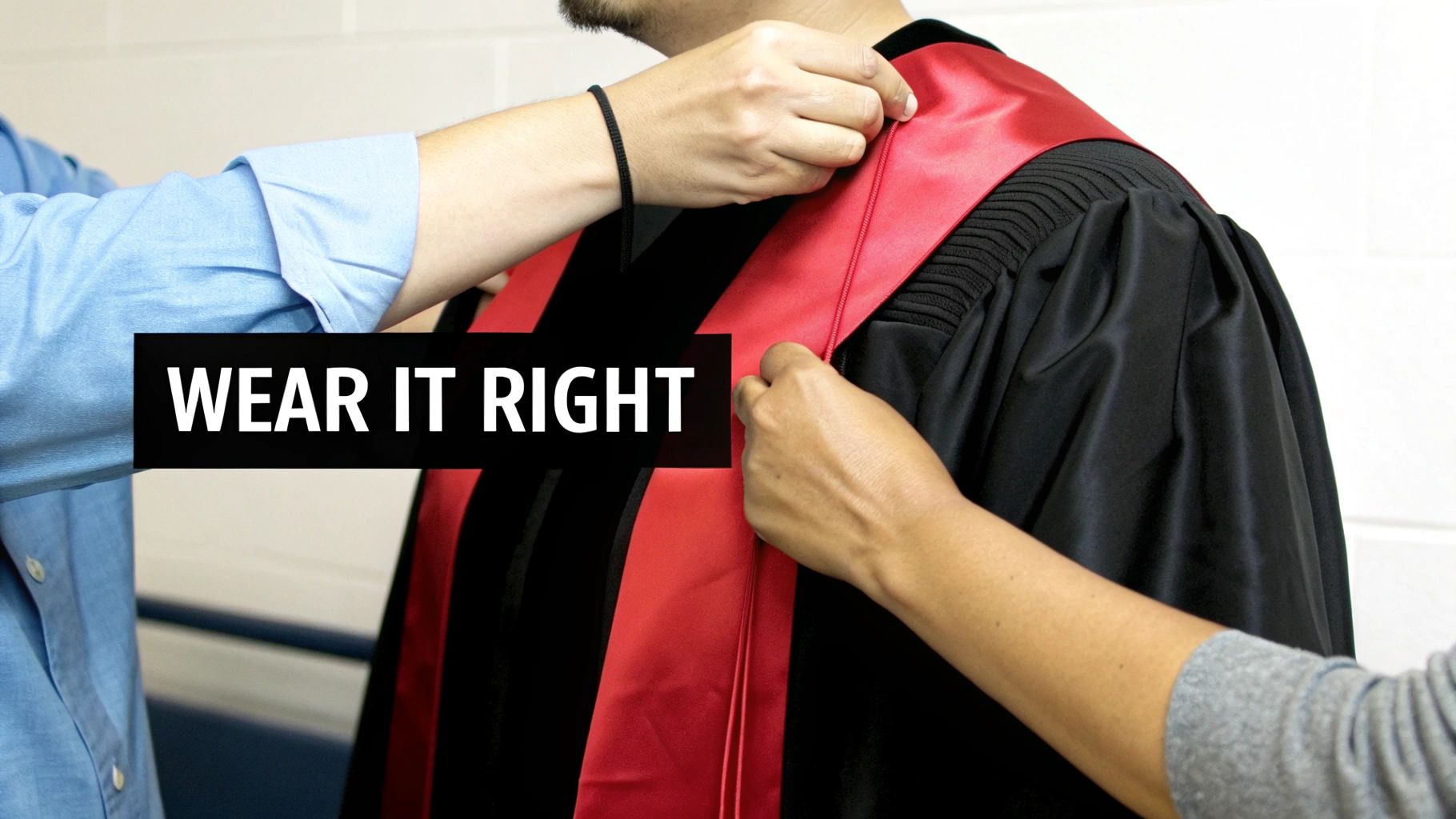 Hands adjusting a red graduation stole on a person wearing a black gown, with 'WEAR IT RIGHT' text.