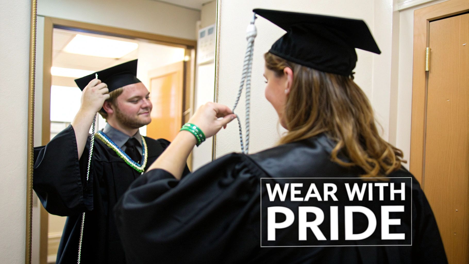 A graduate looks in a mirror, adjusting her silver graduation cord with pride.