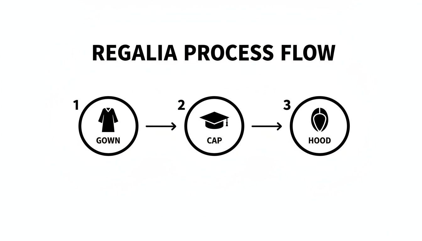 A step-by-step diagram illustrating the graduation regalia process: Gown, then Cap, then Hood.