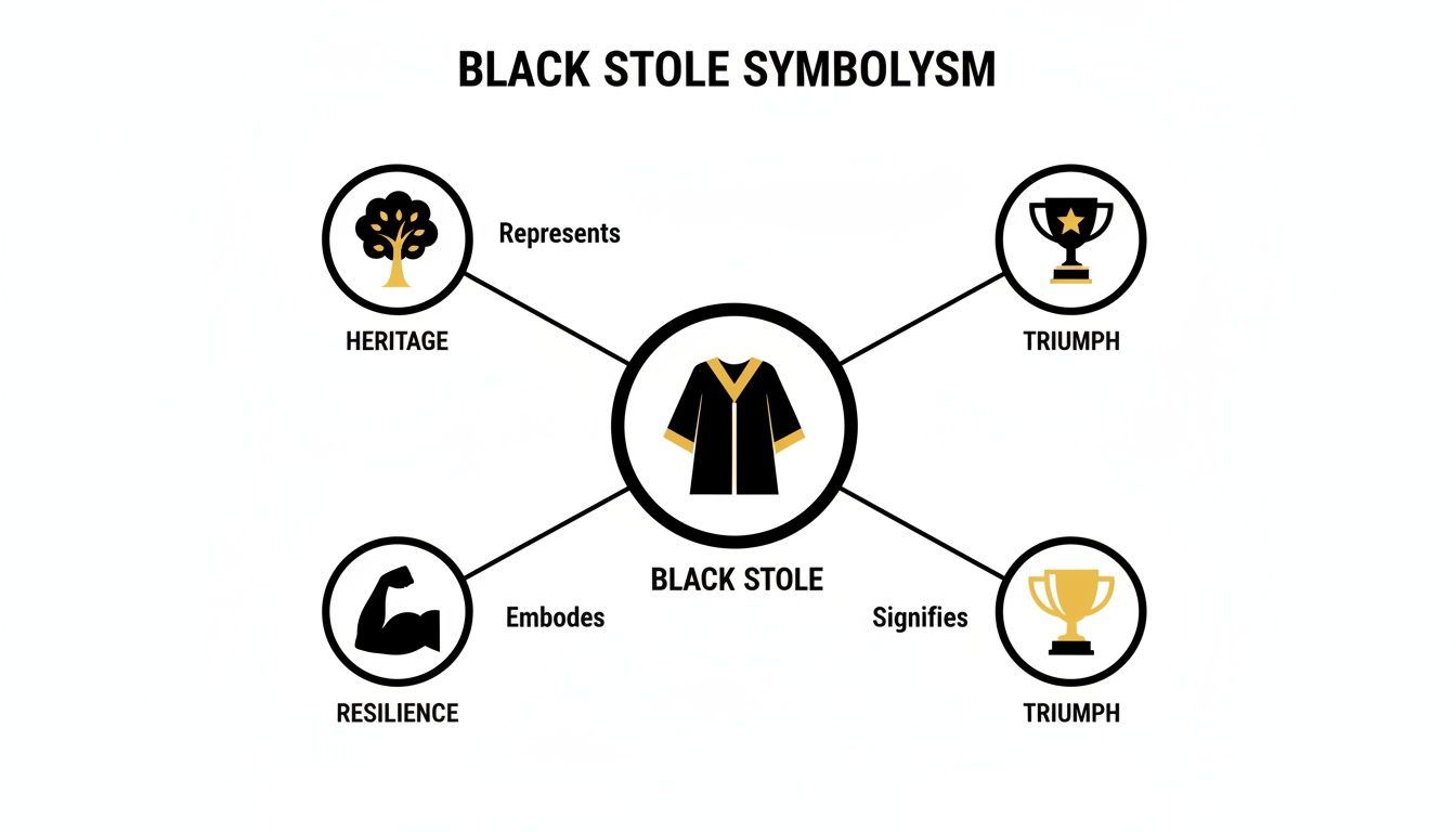 A diagram illustrating the symbolism of a black stole, connecting it to heritage, triumph, and resilience.
