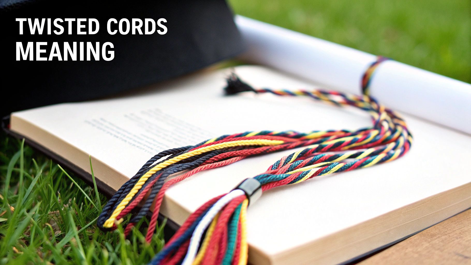 Multi-colored twisted graduation cords, a cap, diploma, and open book on green grass.
