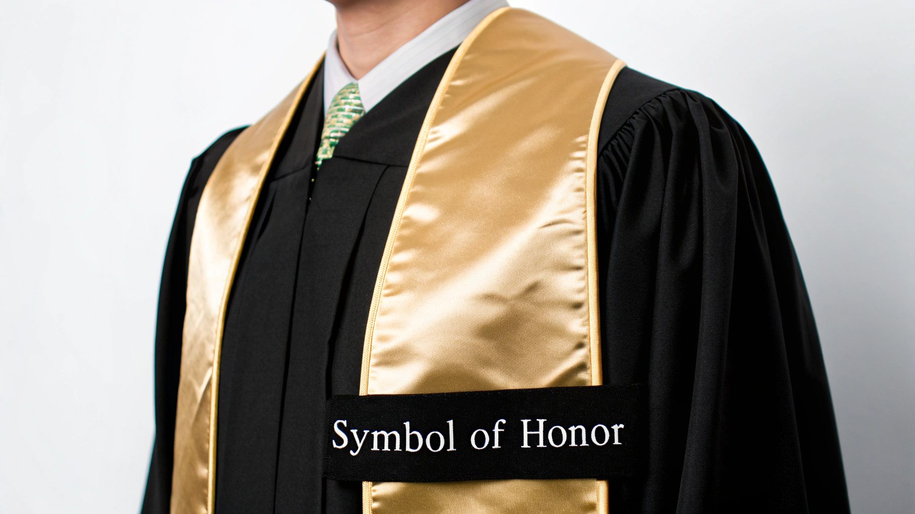 Close-up of a person wearing a black graduation gown and a gold 'Symbol of Honor' stole.