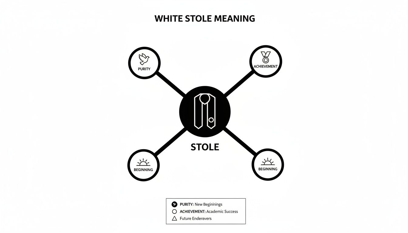 Diagram illustrating the meaning of a white stole, symbolizing purity, achievement, and new beginnings.