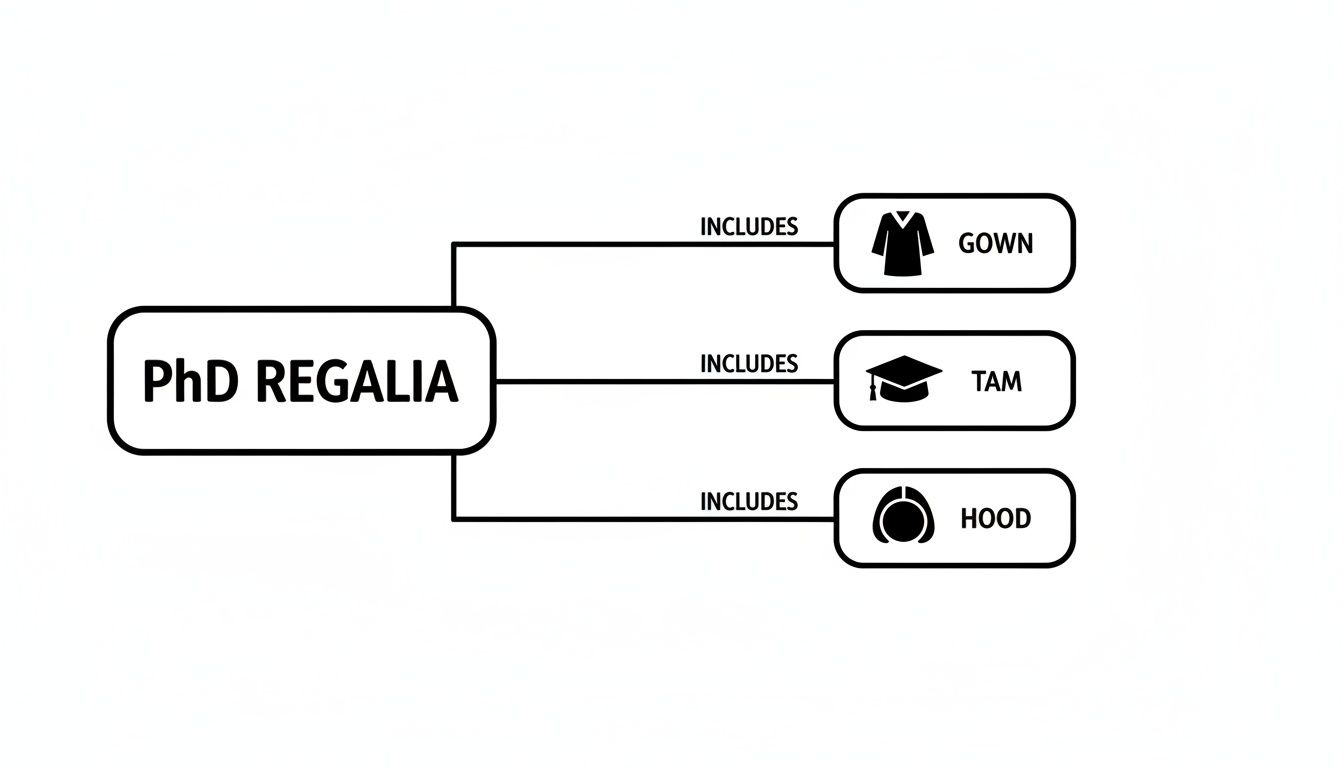 A black and white diagram illustrating the components of PhD regalia, including gown, tam, and hood.