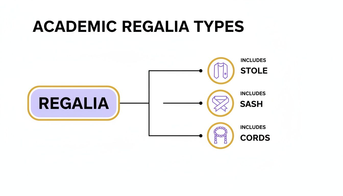 Diagram showing academic regalia types, including stole, sash, and cords, branching from 'Regalia'.