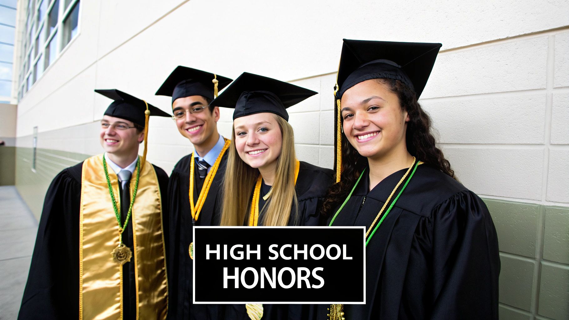 Four smiling high school graduates in caps and gowns, wearing gold and green honor cords.