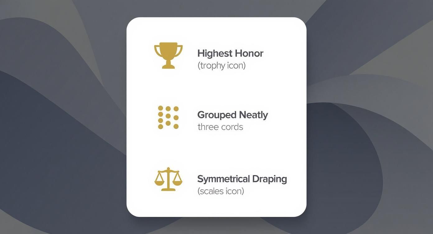 A list of three points with gold icons: Highest Honor (trophy), Grouped Neatly (dots), and Symmetrical Draping (scales).