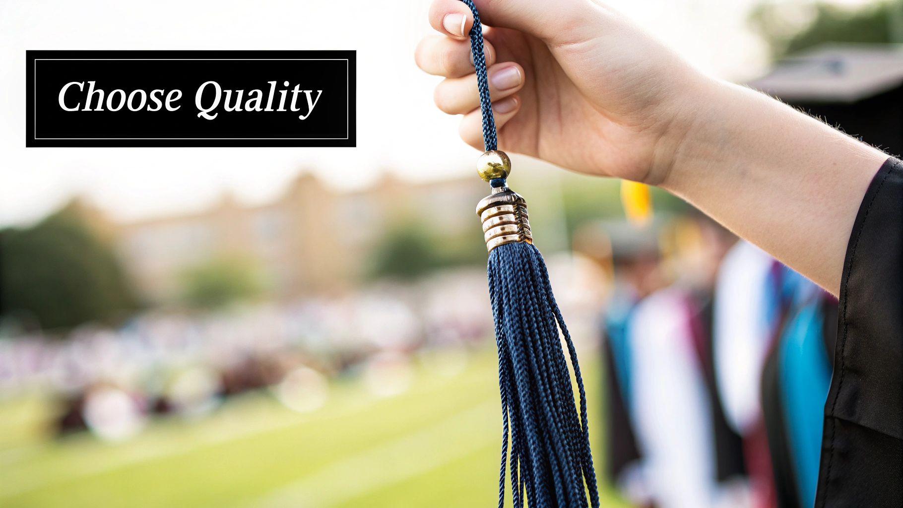A hand in a black graduation gown holds a navy blue tassel with a gold emblem at an outdoor ceremony.