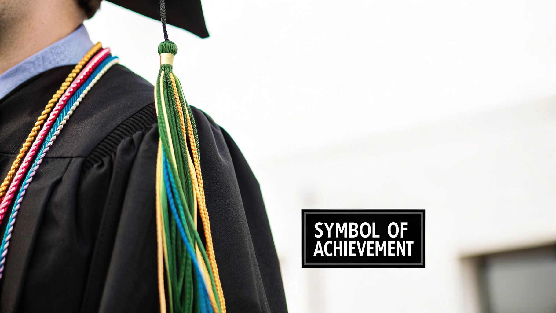 Close-up of a graduate's shoulder, wearing a black gown, colorful honor cords, and a green tassel, with text 'SYMBOL OF ACHIEVEMENT'.