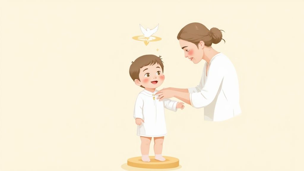 Illustration of a mother preparing her happy child in white for a baptism ceremony, with a symbolic dove.