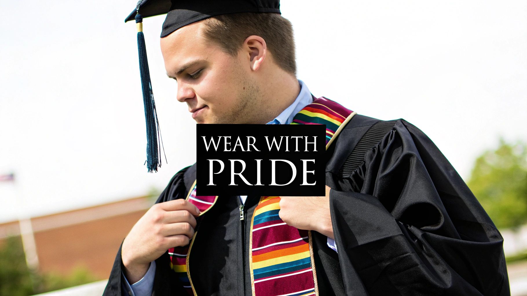 A smiling graduate in a cap and gown adjusts a rainbow-striped stole, reading "WEAR WITH PRIDE."