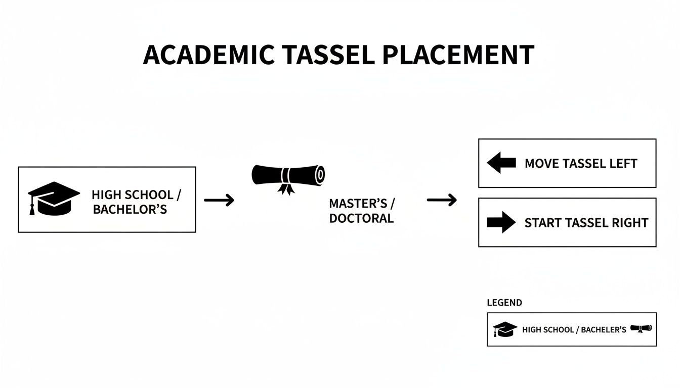 Flowchart illustrating academic tassel placement guidelines for high school, bachelor's, master's, and doctoral degrees.