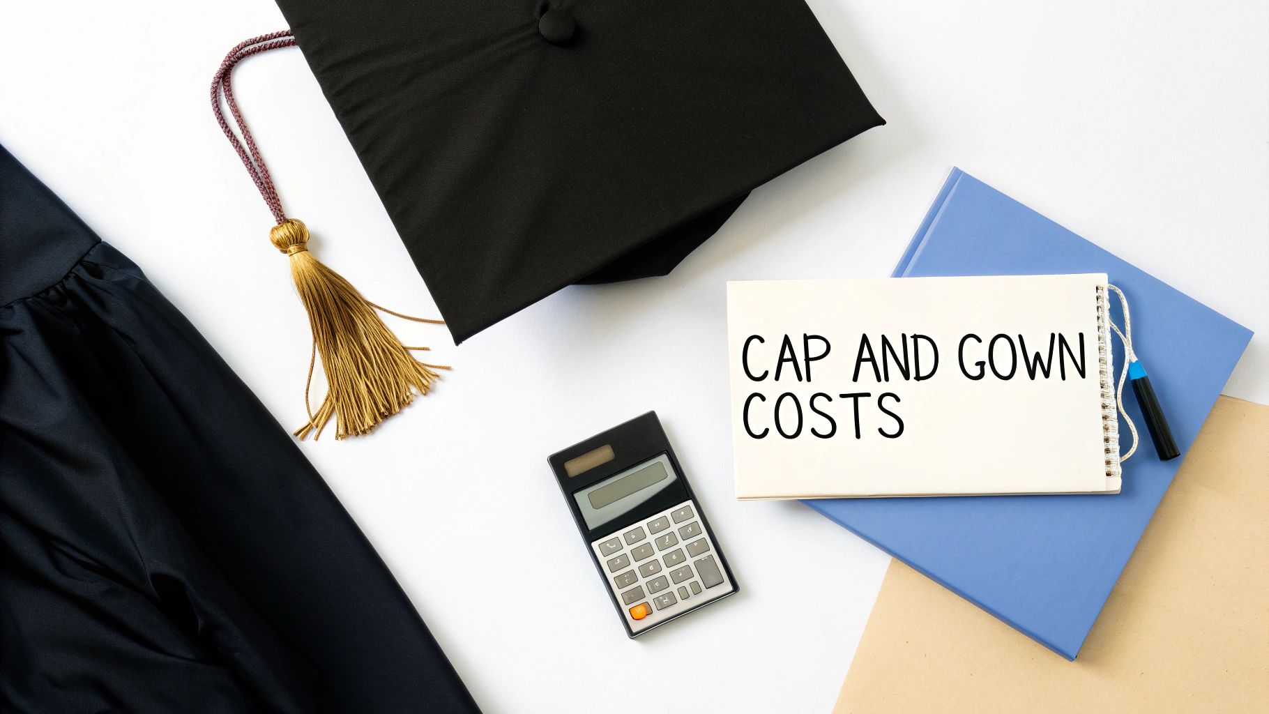 Flat lay of graduation essentials: cap, gown, calculator, and a notebook stating 'Cap and Gown Costs'.