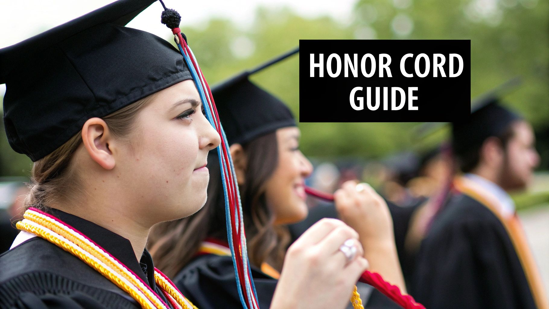 A female graduate in a cap and gown wearing honor cords, with 'HONOR CORD GUIDE' text overlay.