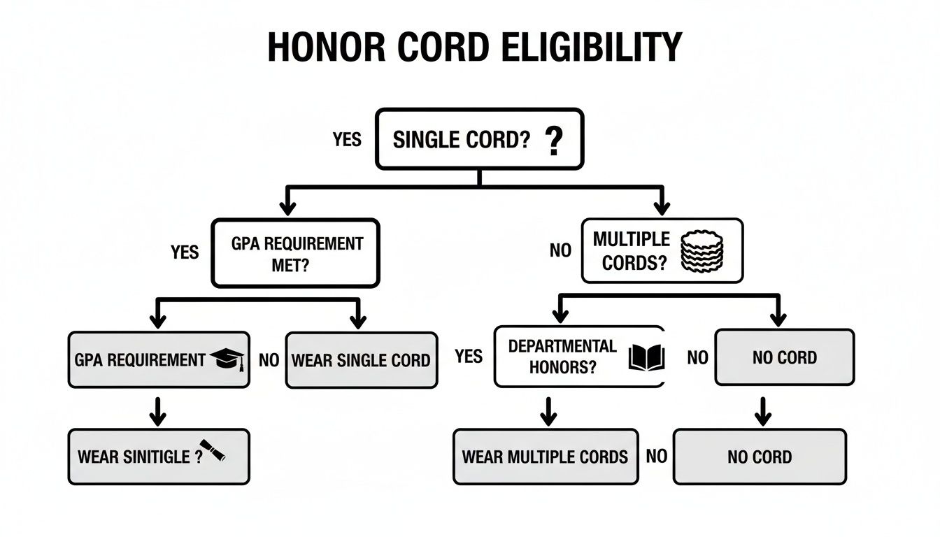 Flowchart detailing honor cord eligibility based on GPA requirements, single or multiple cords, and departmental honors.