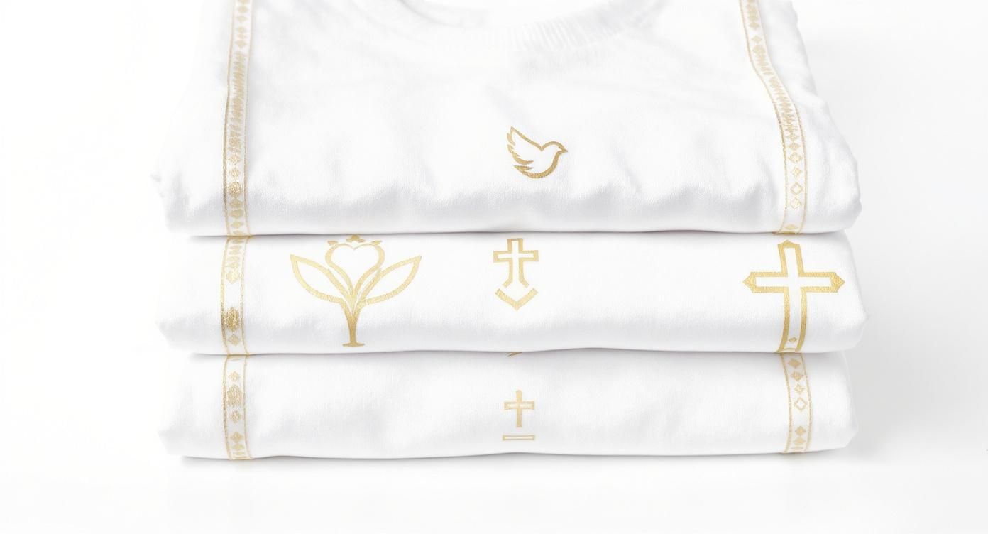 Three white stacked garments with gold religious symbols and decorative trim on a white background.