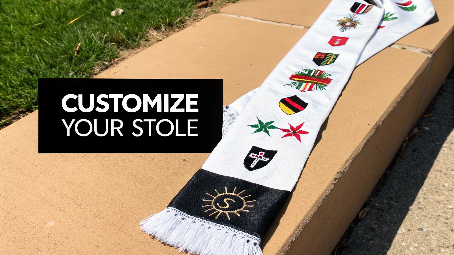 Customizable white graduation stole with diverse embroidered symbols and tassels on a concrete surface.