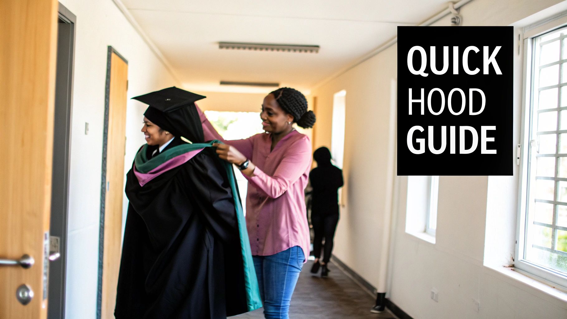 A woman helps another adjust a green and pink academic hood over a black graduation gown and cap.