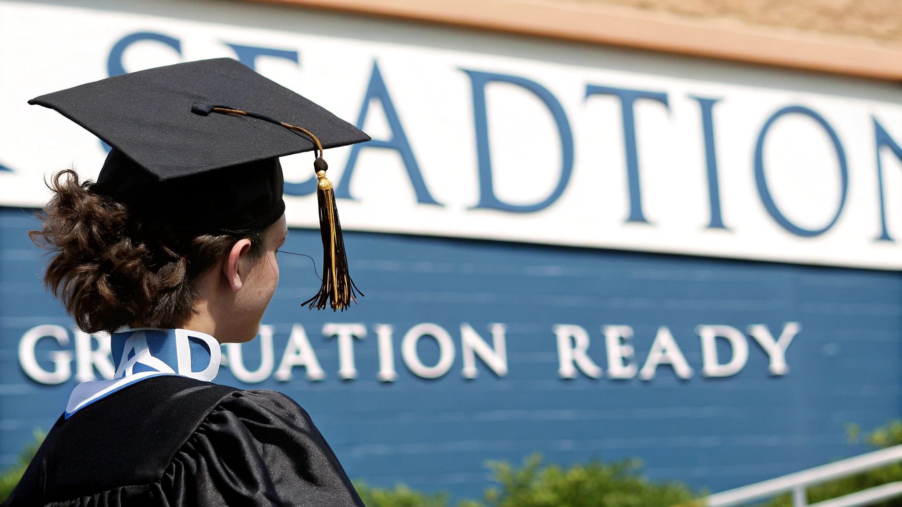 Graduate wearing cap and gown with gold tassel facing graduation ready banner