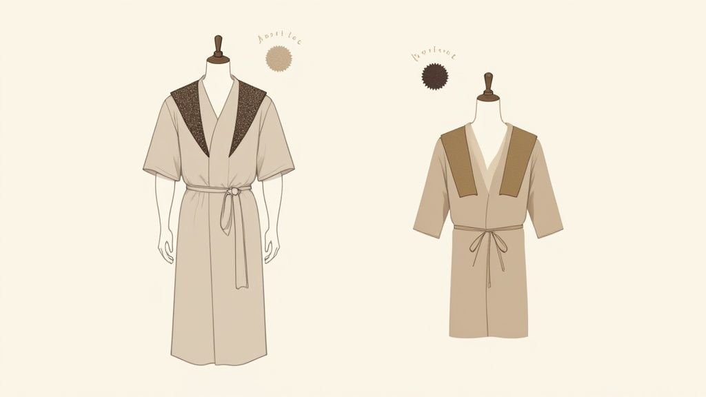 Two illustrations of different baptismal robe or stole designs on mannequins with color swatches.