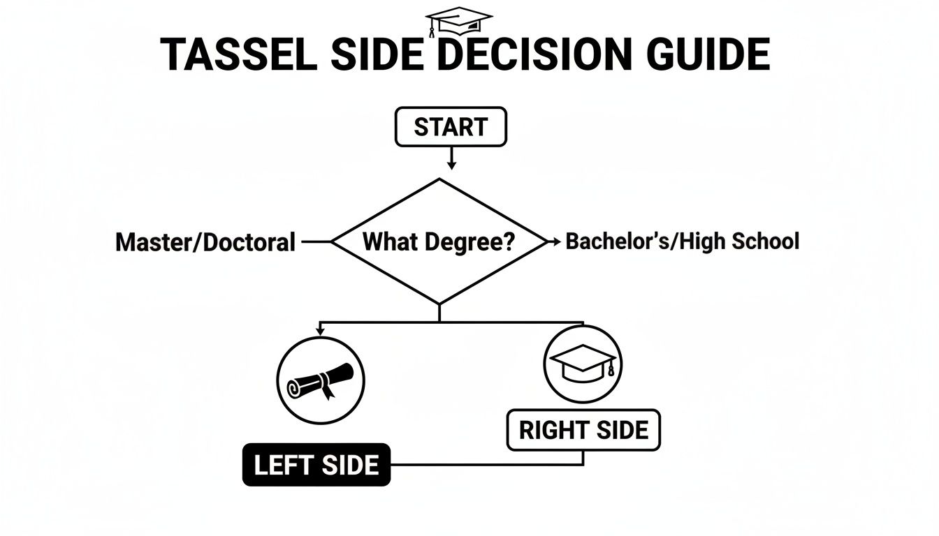 Flowchart guiding graduation tassel placement based on degree, showing left side for Master/Doctoral and right side for Bachelor's/High School.