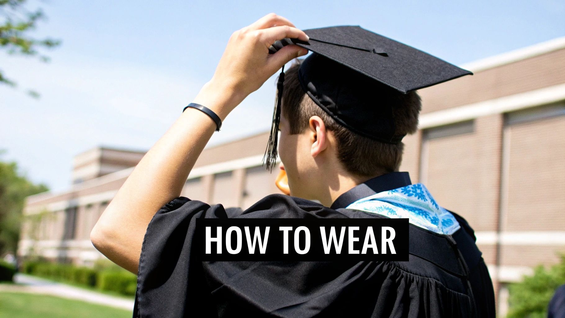 Rear view of a graduate wearing a black gown and cap, adjusting the cap on a sunny day.