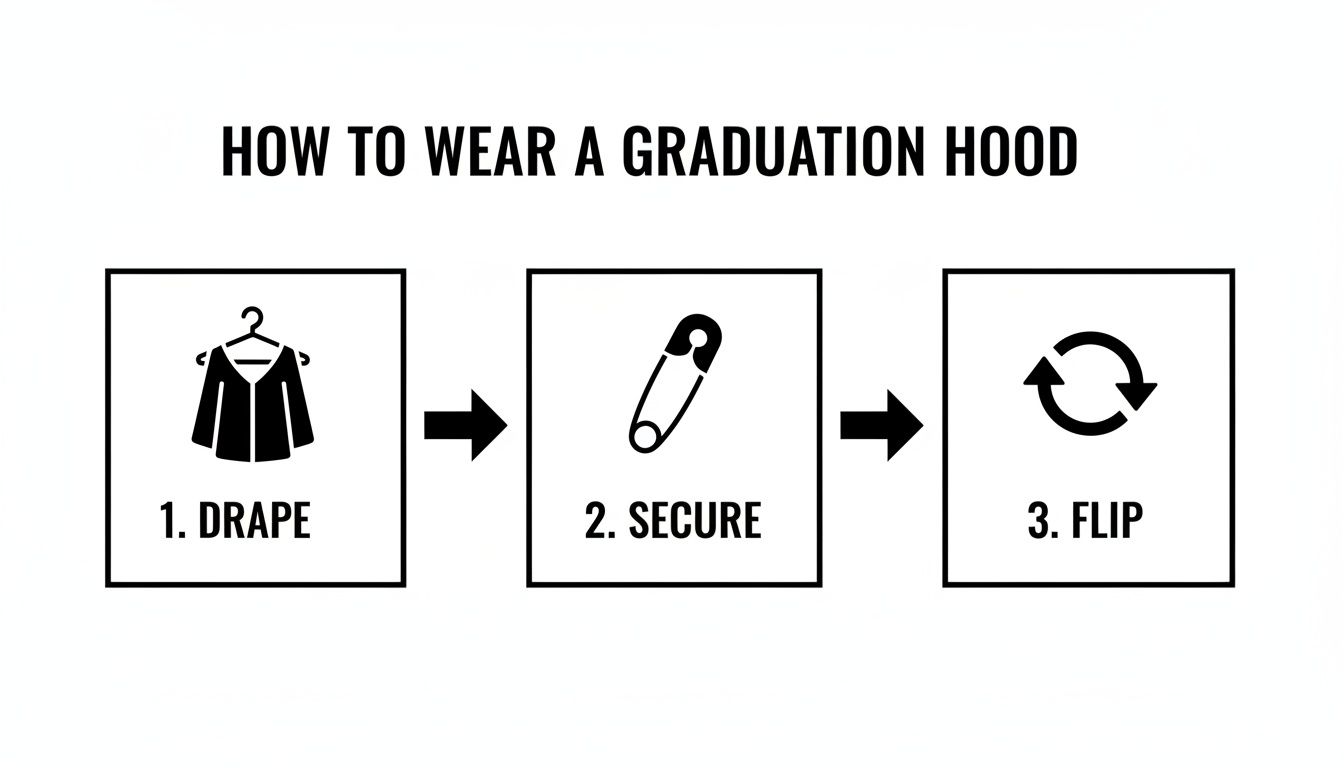 A three-step visual guide on how to wear a graduation hood: drape, secure with a pin, and flip.