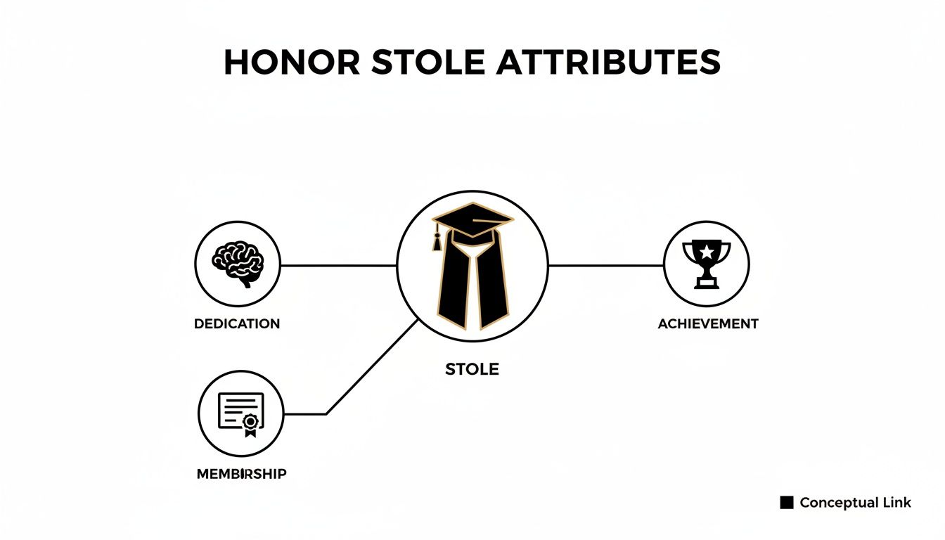 A diagram illustrating the attributes of an honor stole: dedication, membership, and achievement.