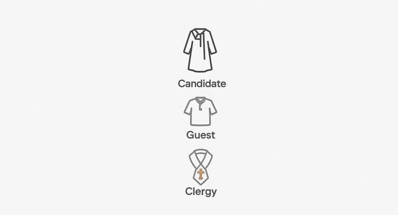 Icons showing appropriate attire for candidate, guest, and clergy, including a robe, polo shirt, and stole with a cross.