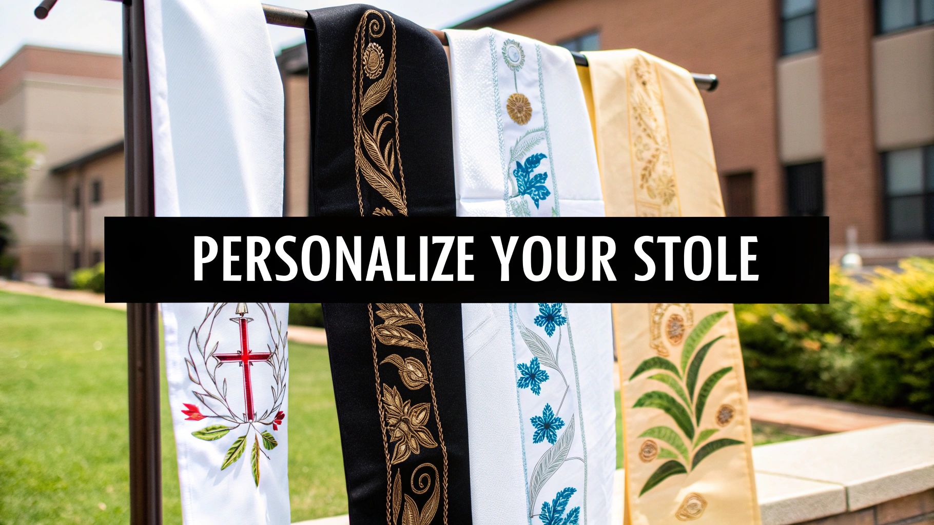 Several colorful ceremonial stoles with various embroidered designs are displayed, encouraging personalization.