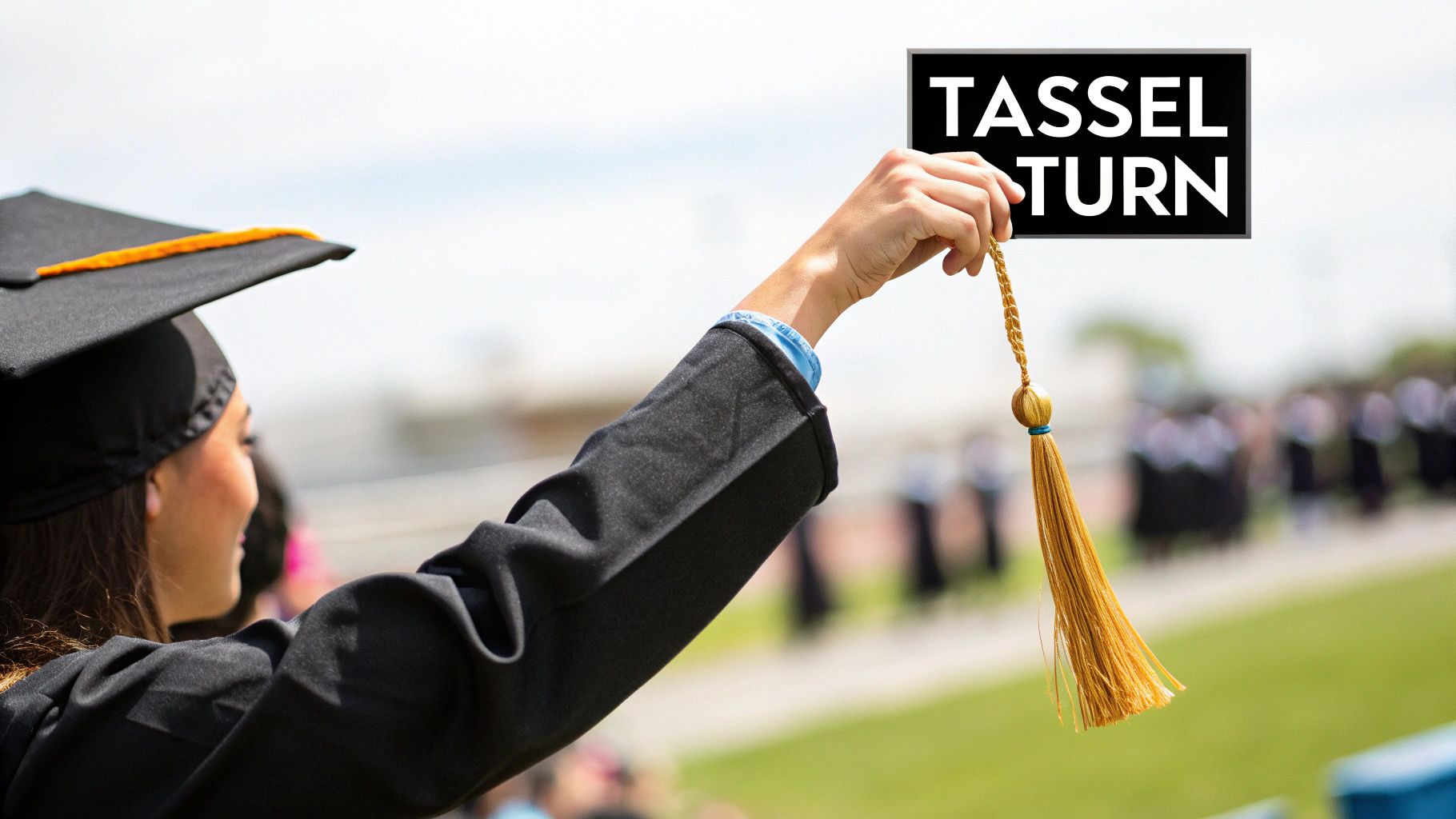 A graduate in a cap and gown holds up a golden tassel next to a "TASSEL TURN" sign.