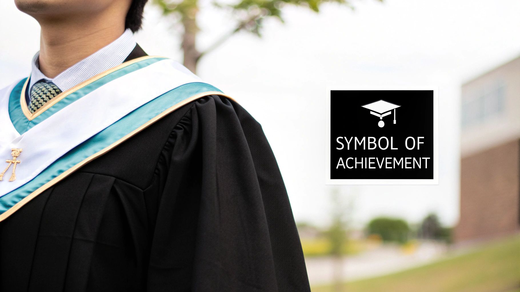 A graduate in a black gown and a white and teal stole, with a 'Symbol of Achievement' graphic.
