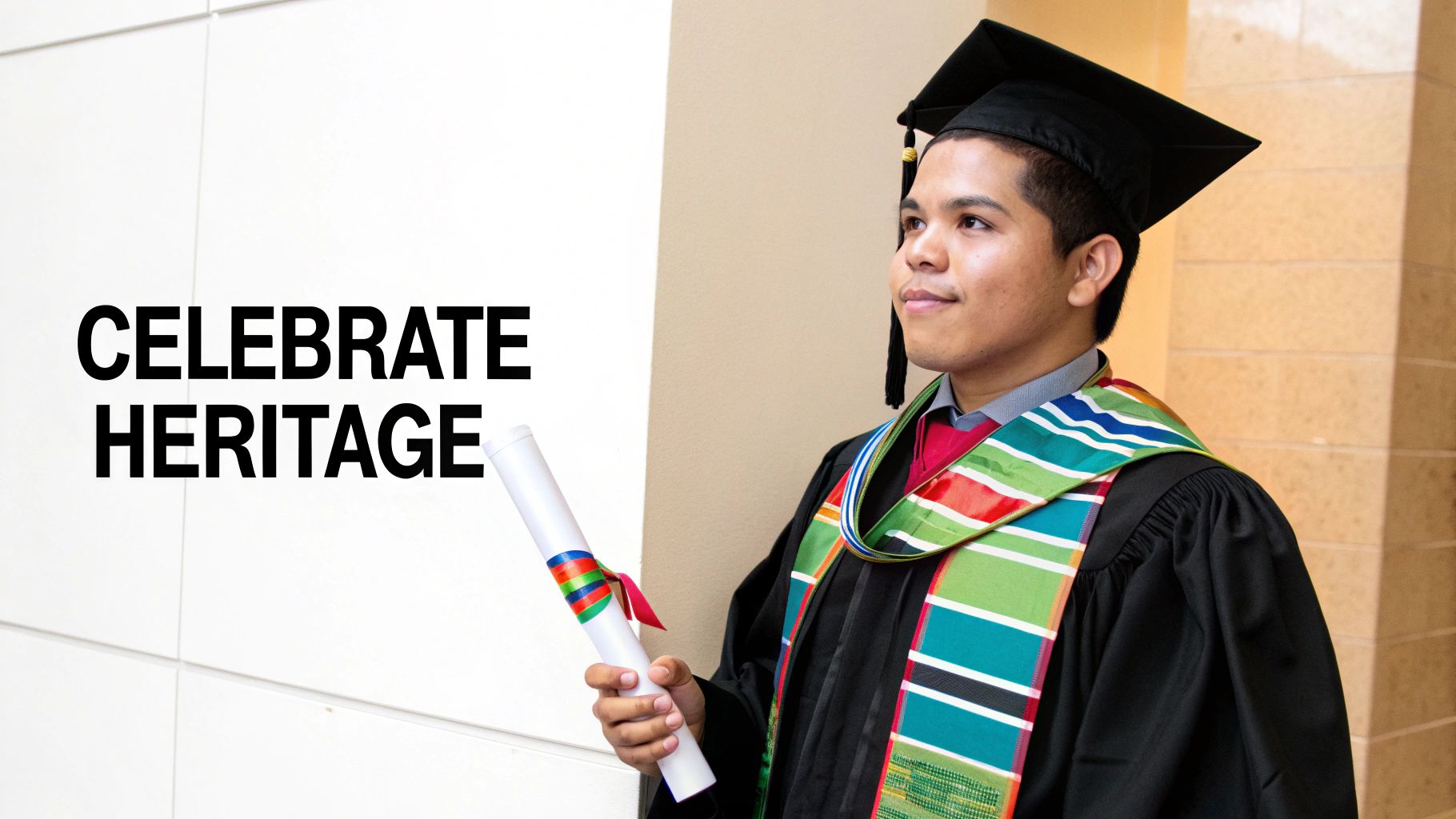 A proud graduate in cap and gown, holding a diploma, with 'CELEBRATE HERITAGE' text.