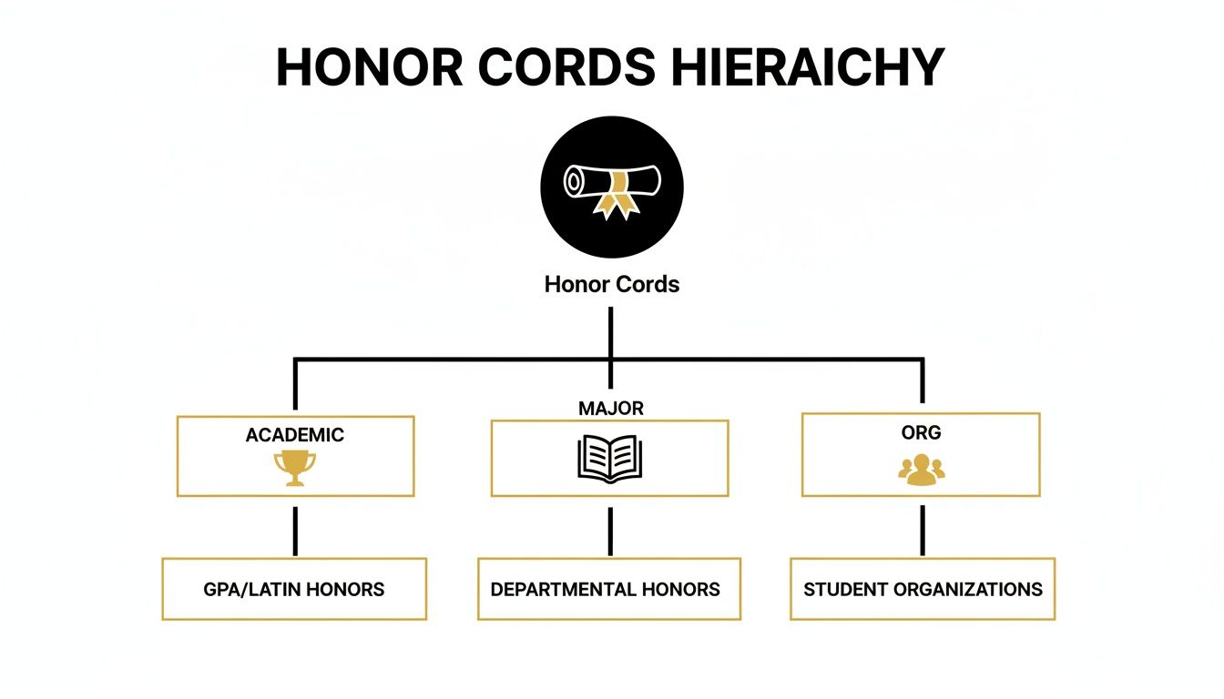 A hierarchy chart illustrating honor cords categories: Academic, Major, and Organizational, with their respective sub-categories.
