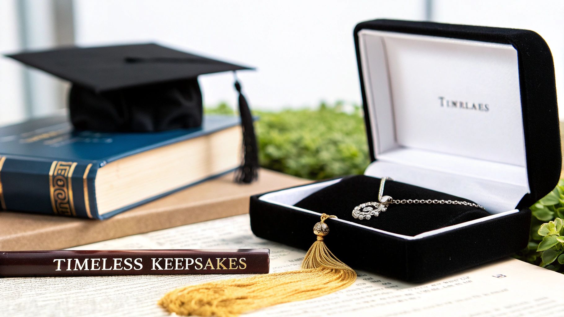 A graduation cap on a blue book, an open jewelry box with a sparkling necklace, and a gold tassel.